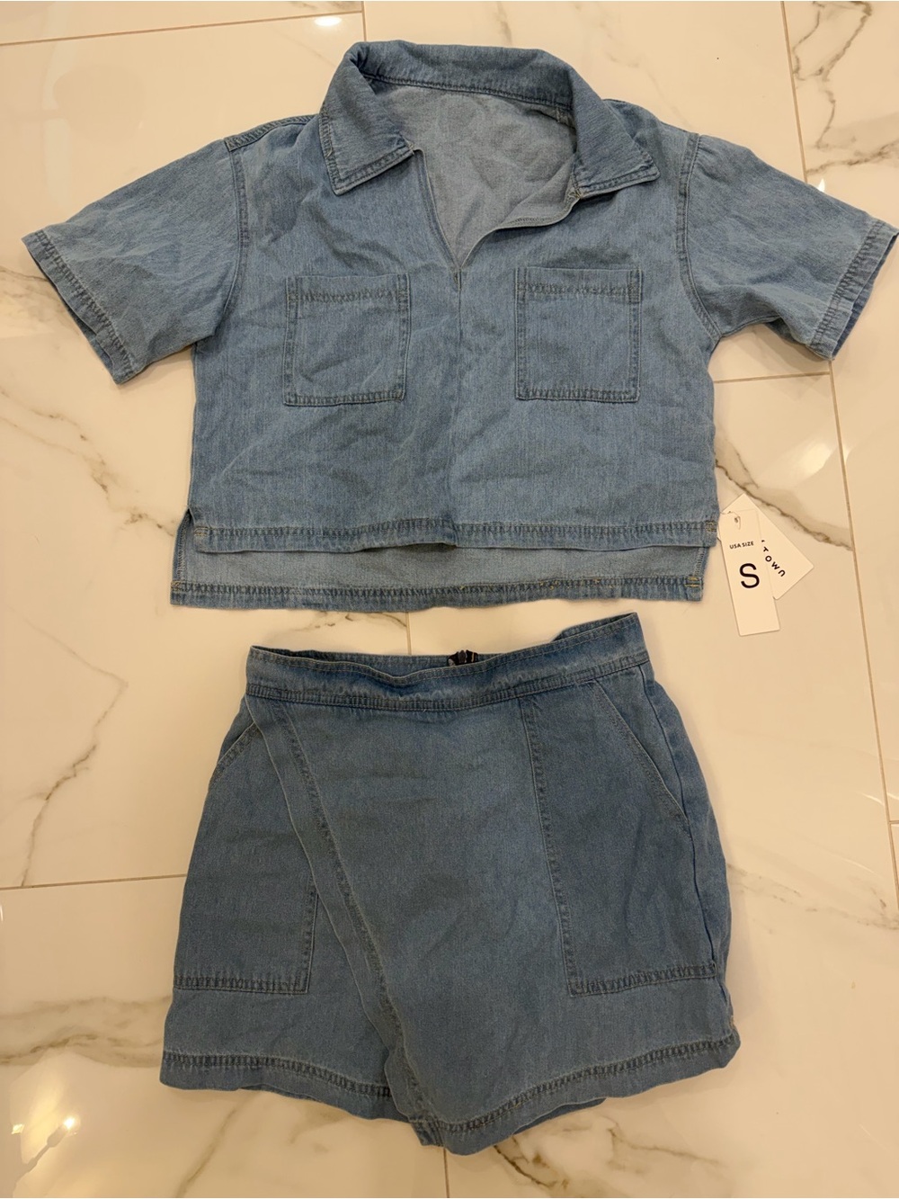 Denim Two-Piece Set - Light Blue Kids Top & Shorts